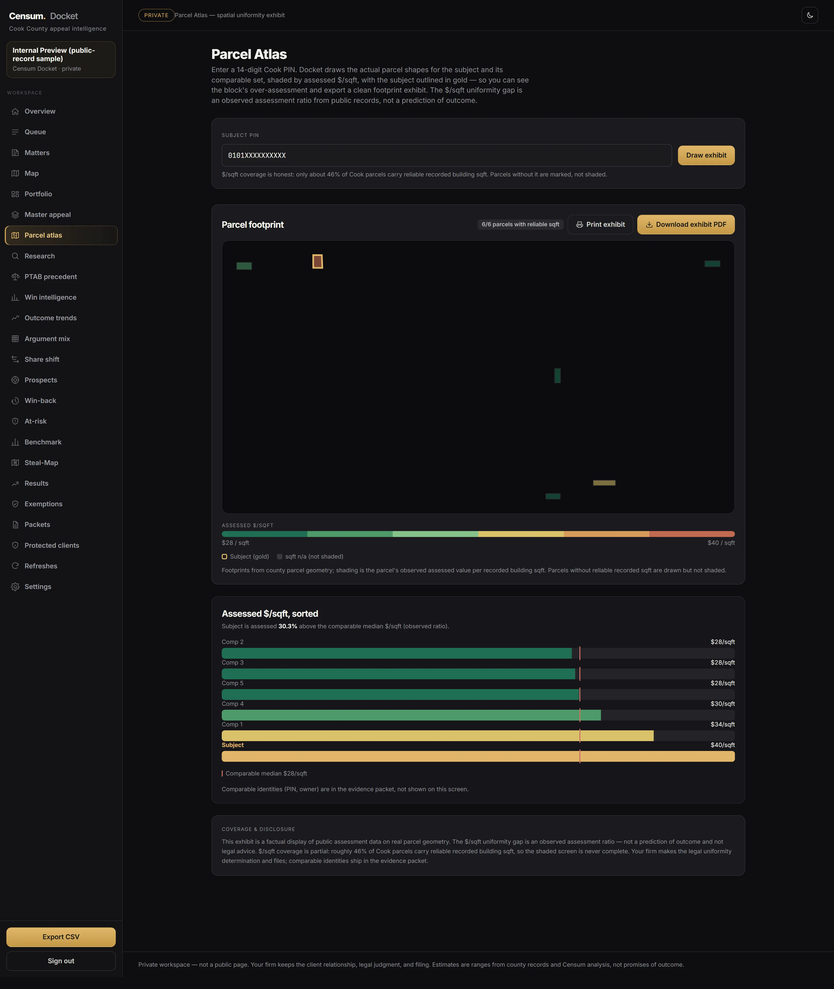 Censum Docket Parcel Atlas - true parcel footprints for a subject and its comparables shaded by assessed dollars per square foot, with a sorted bar list. Subject PIN masked; comparables labeled Comp 1 through Comp 5.