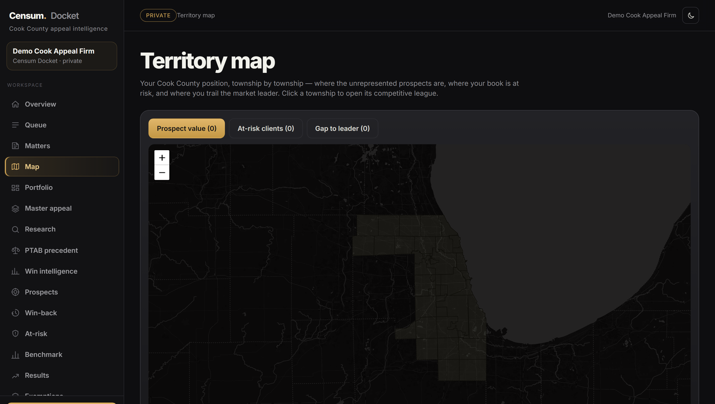 Censum Docket territory map - Cook County township map showing prospect value, at-risk clients, and gap to the market leader.