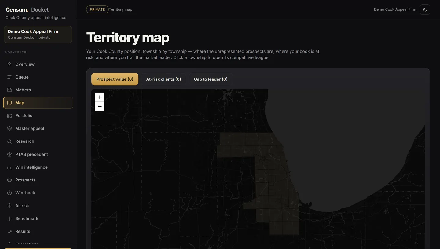 Censum Docket territory map - Cook County township map showing prospect value, at-risk clients, and gap to the market leader.