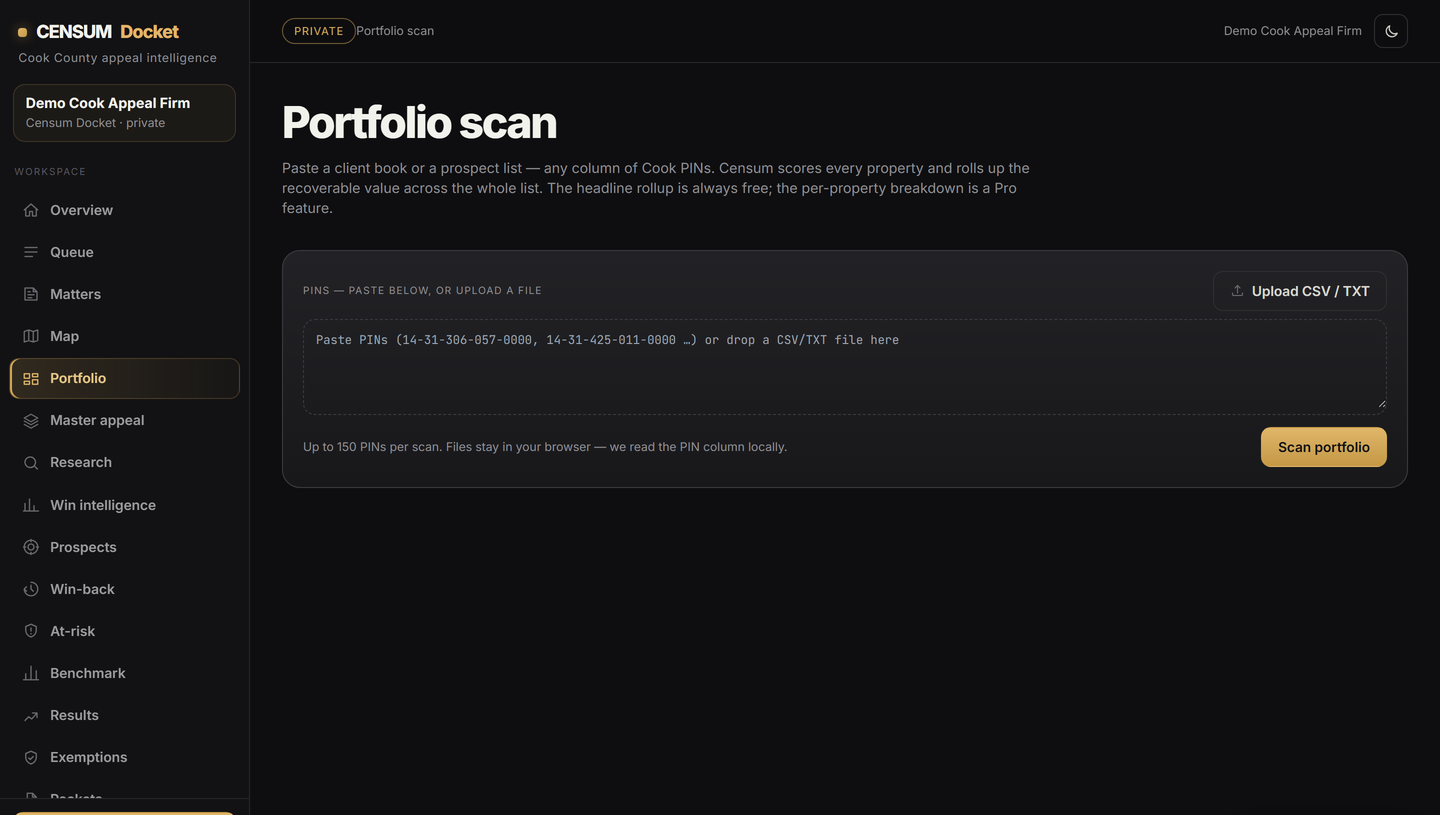 Censum Docket portfolio scan - paste a client book or prospect list and score recoverable value across the whole list.