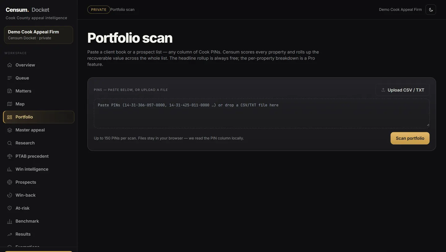 Censum Docket portfolio scan - paste a client book or prospect list and score recoverable value across the whole list.