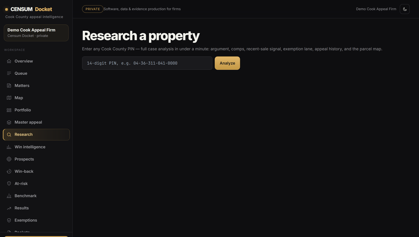 Censum Docket research - enter any Cook County PIN for a full one-minute case analysis.