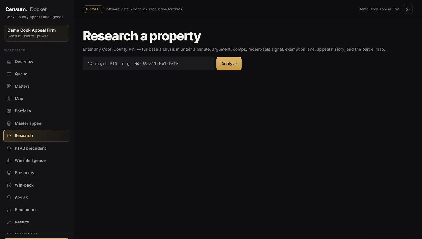 Censum Docket research - enter any Cook County PIN for a full one-minute case analysis.