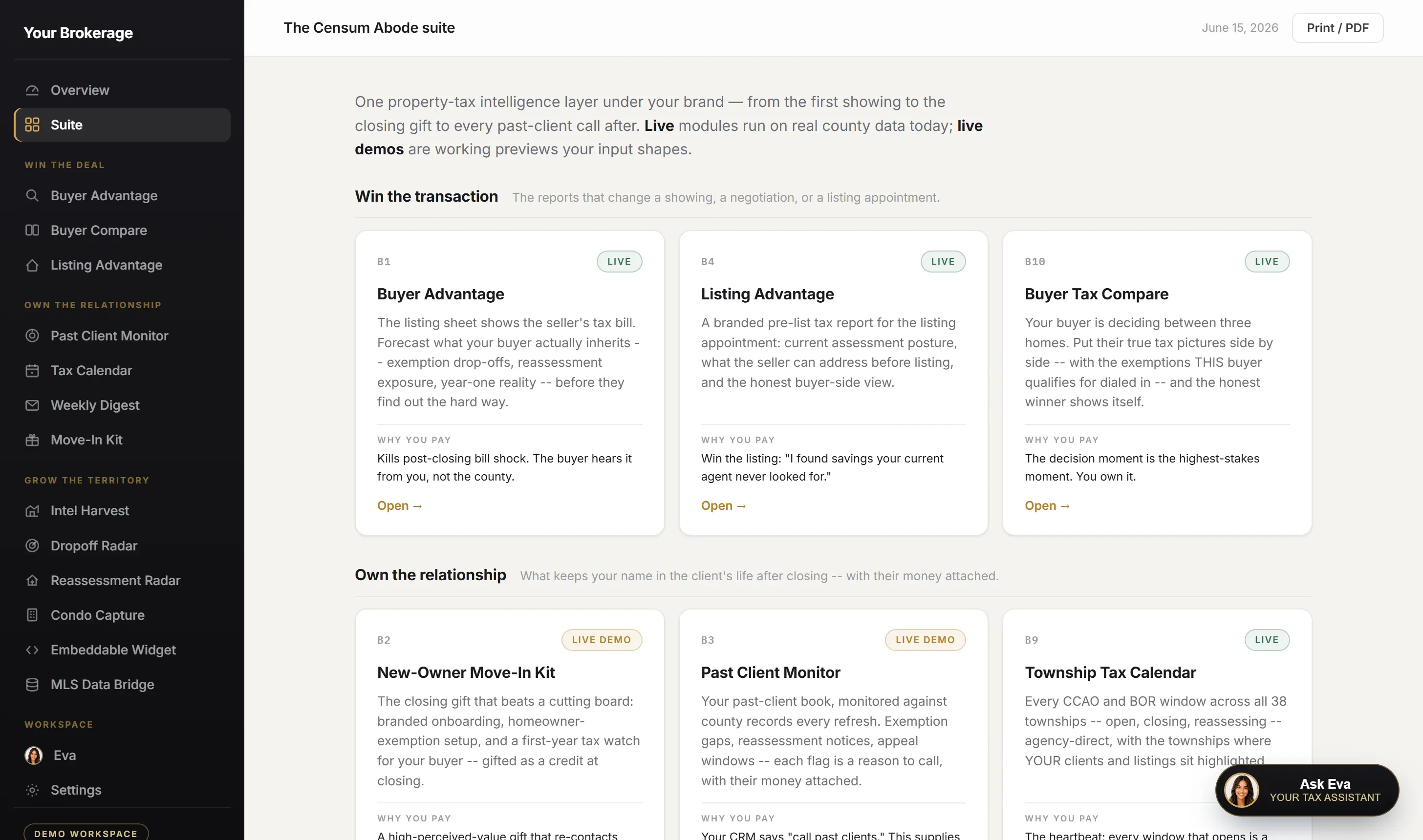 Censum House suite - product cards grouped by job: Buyer Advantage, Listing Advantage, Buyer Compare, Past Client Monitor, Township Tax Calendar, Weekly Digest and more, each tagged live or demo.